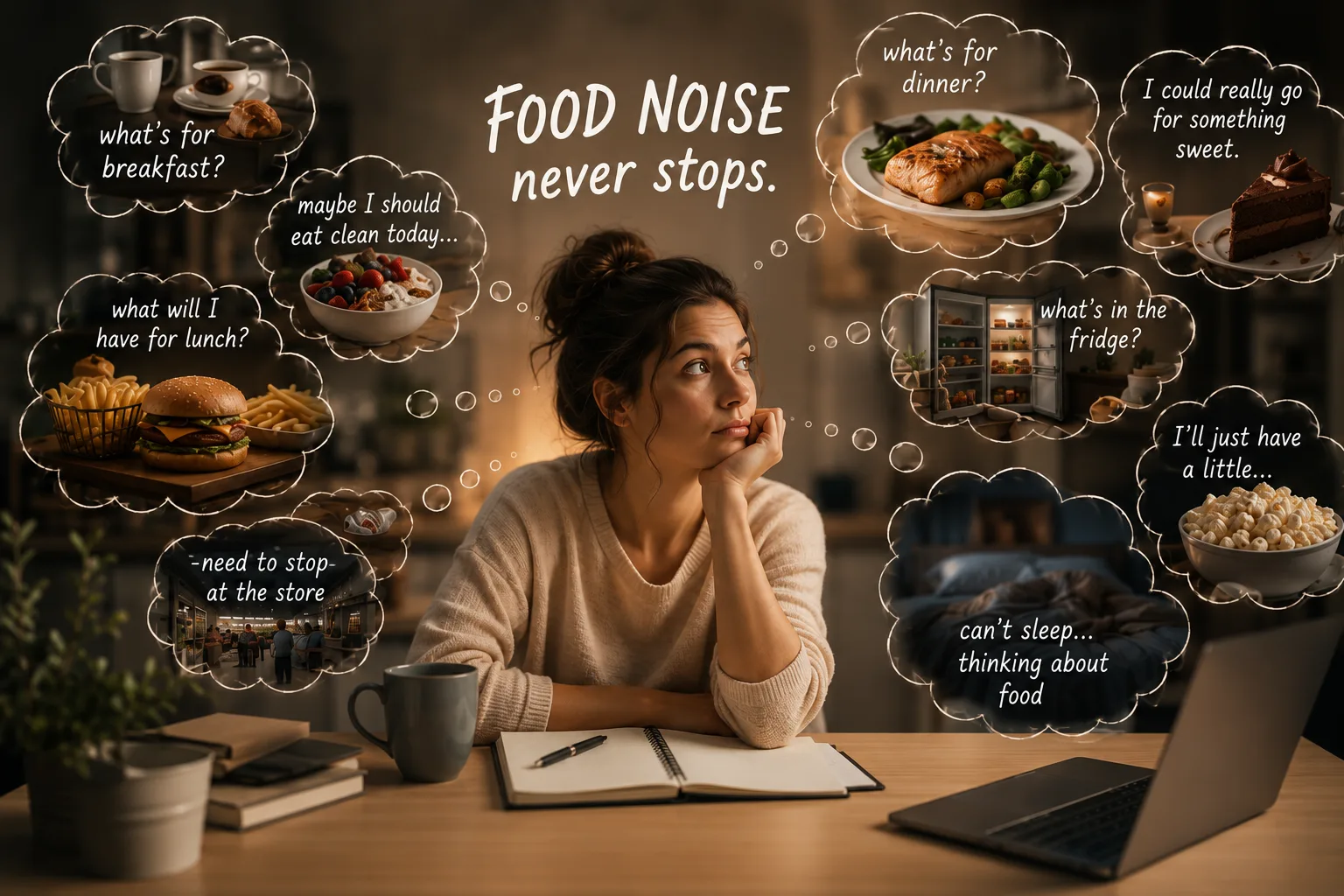 Woman reflecting on persistent thoughts about food during everyday life.