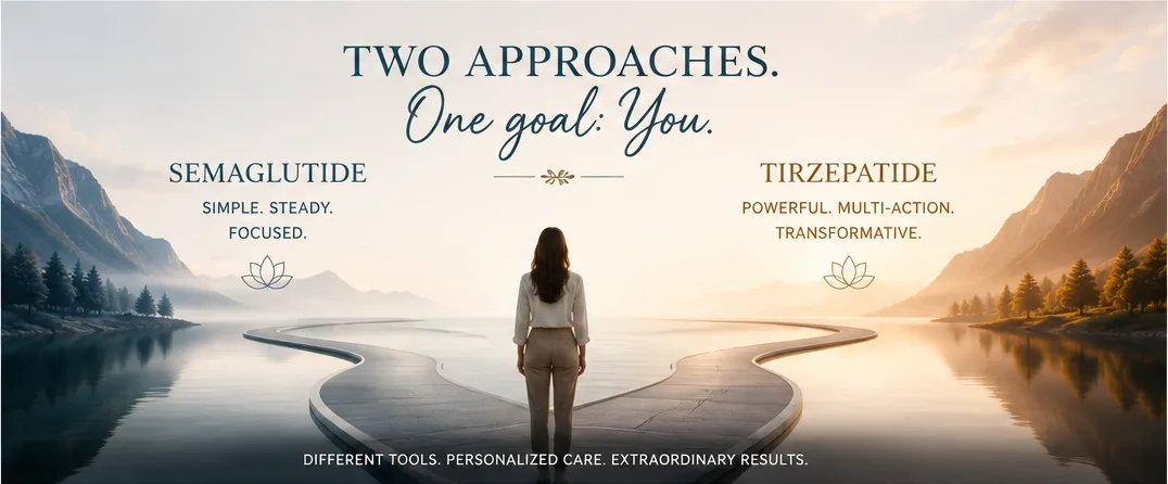 Editorial illustration representing a clinician-guided comparison of semaglutide and tirzepatide treatment pathways.